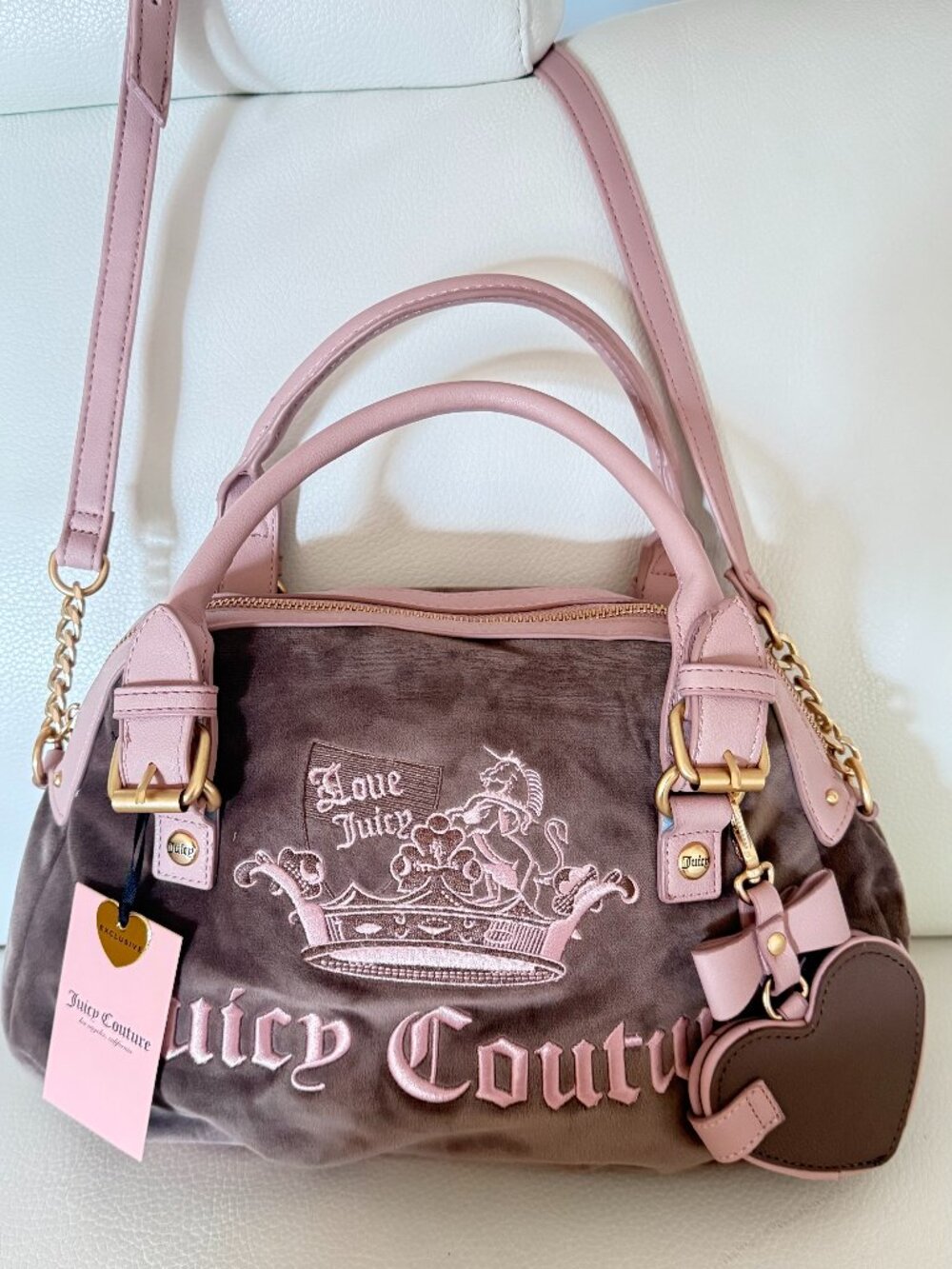 NWT JUICY COUTURE JUICY CROWN SATCHEL CROSSBODY BAG ICED COFFEE VELOUR W CHARM